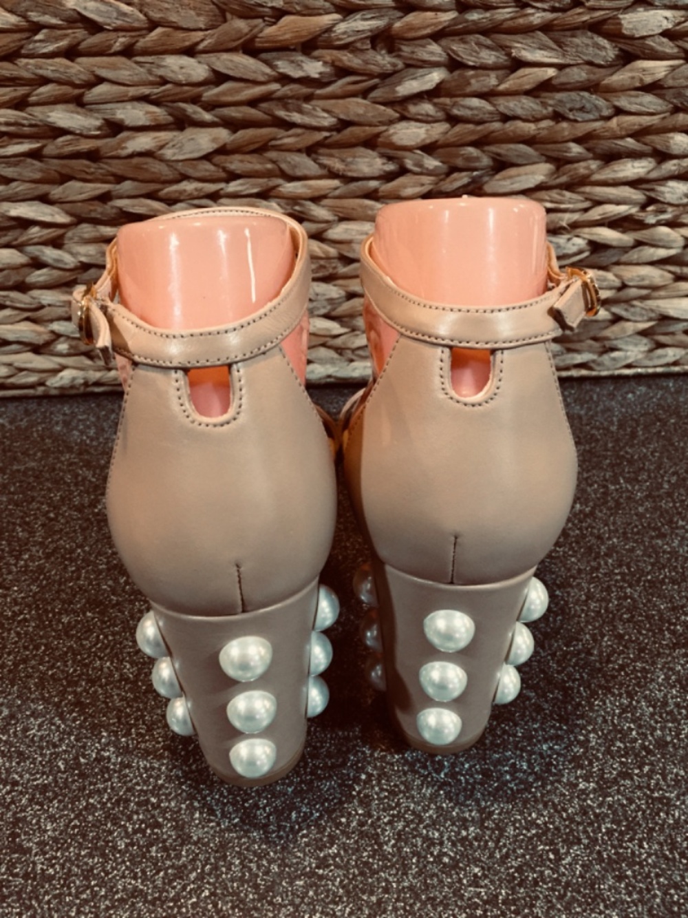 Stuart Weitzman Nude Beige Pearl-Embellished Block Heel Sandals - Picture 7 of 15